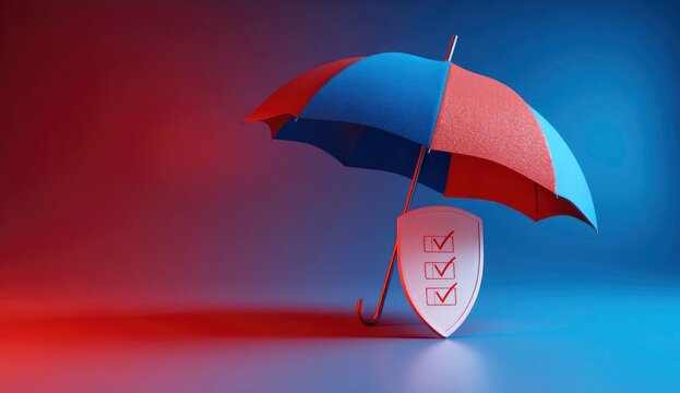 Secure Checklist Under Umbrella, Neon Background.  Insurance concept