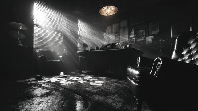 A noir-style detectives office in the 1940s, lit by a single desk lamp and window blinds casting sharp shadows: cigarette smoke curls in the air, rain tapping on the window.
