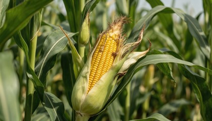 Close-up of ripe yellow corn cob on stalk in sunlit farmland. Healthy sweet kernels, green leaves, husks create natural abundance in cultivated agricultural field. Summer harvest, food ingredient,