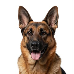 Smiling German Shepherd dog portrait isolated on white background. This happy canine breed offers a friendly expression with its tongue out, perfect for pet care, training, or lifestyle content.