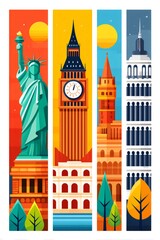 Fototapeta premium Statue of liberty, big ben, colosseum and leaning tower of pisa representing travel destinations