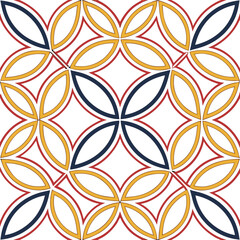 A seamless geometric pattern features interlocking circles forming floral shapes in a retro color palette, creating a decorative and visually appealing abstract background