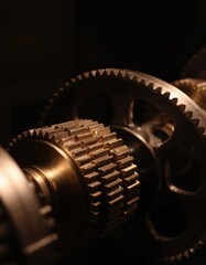 Close-up on interconnected bronze gears on shaft, intricate mechanical precision. Metal components function within machinery system, representing engineering, technology, industrial manufacturing