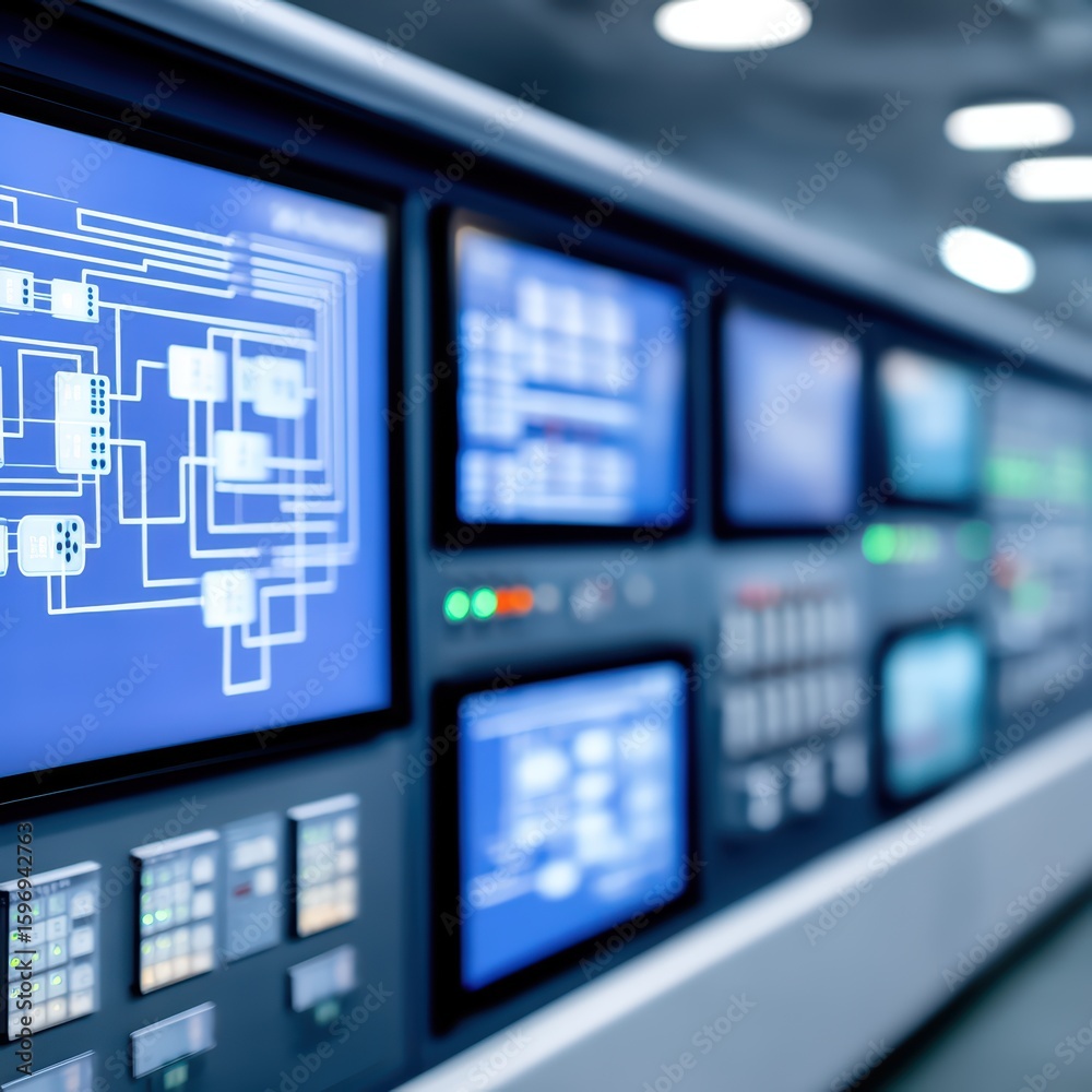 Poster control room interface with digital readouts and graphs