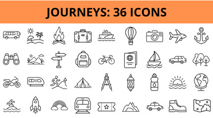 Journey-themed icon set featuring various travel symbols and activities  