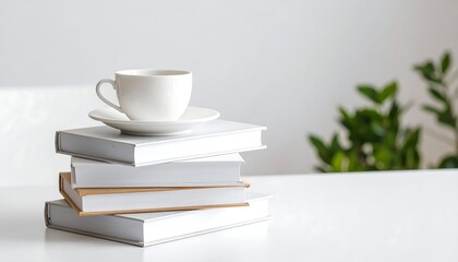 White books, cup, and saucer on white table