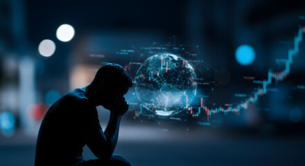 Silhouette of a worried man contemplating global market downturn;  financial crisis, economic uncertainty, investment loss concept; dark moody blue tones.
