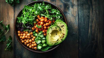 Vegan Buddha bowl with avocado, chickpeas, and leafy greens on rustic wooden table with dramatic lighting and copy space