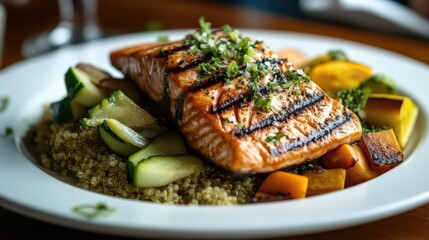 Balanced healthy food plate with grilled salmon, quinoa, and steamed vegetables on white ceramic plate with soft natural lighting and copy space

