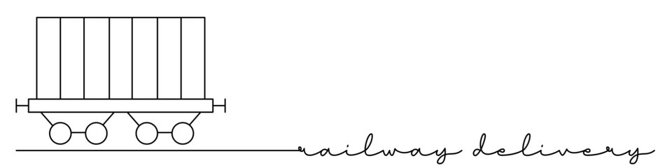 Freight train delivery one line icon with caption. Continuous line drawing style. Footer, header. Vector illustration isolated on white background.