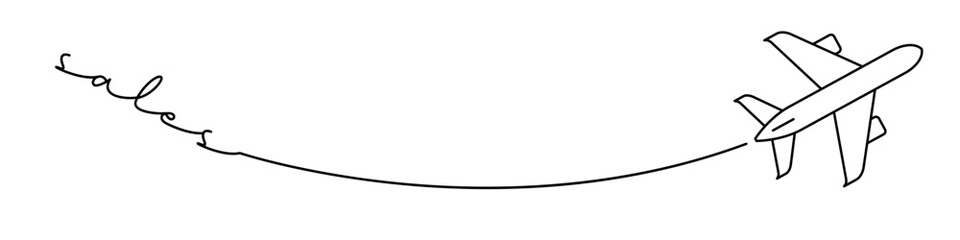 Discount on air travel one line icon with caption. Continuous line drawing style. Footer, header. Vector illustration isolated on white background.
