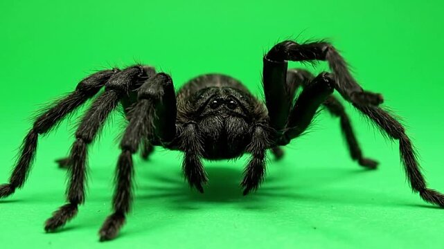 Black spider possibly a tarantula prominently displayed against a green background