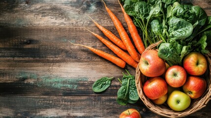 Top-down view of basket of fresh fruits and vegetables with apples, spinach, and carrots spilling over on rustic wooden table in soft light with copy space