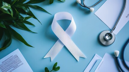 Top-down view of health awareness ribbon with brochures, medical pamphlets, and stethoscope on table, clear healthcare theme with copy space