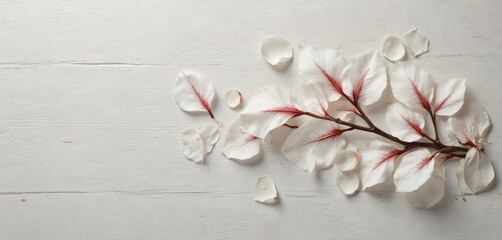 White petals with red veins on rustic wooden background. Delicate flower parts arranged on textured surface. Simple, clean aesthetic suitable for beauty wellness themes. Macro details of nature