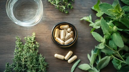 Top-down view of vitamin bottle with open capsules, fresh herbs, and glass of water on clean wooden table, wellness and supplement concept with copy space