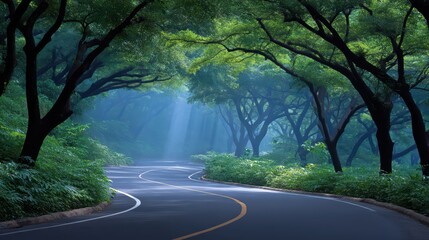 Obraz premium Serene Curved Road Surrounded by Lush Green Trees