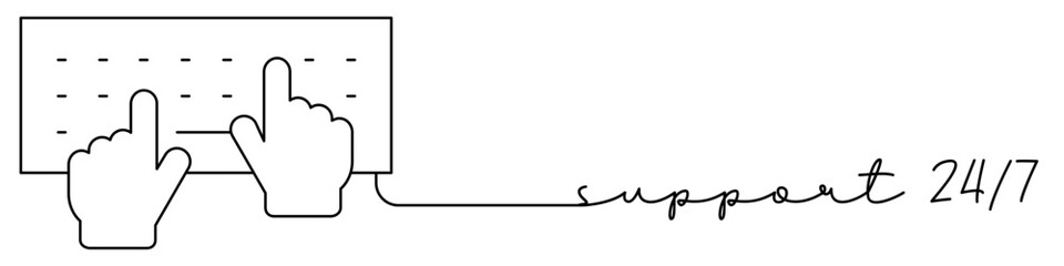 24 Hours a day service one line icon with caption. Continuous line drawing style. Footer, header. Vector illustration isolated on white background.