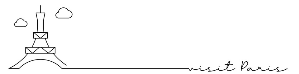 Paris, Eiffel Tower, France one line icon with caption. Continuous line drawing style. Footer, header. Vector illustration isolated on white background.