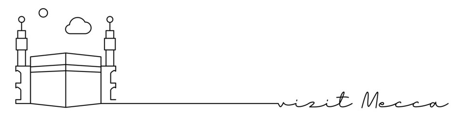 Mecca, Hajj, Kaaba one line icon with caption. Continuous line drawing style. Footer, header. Vector illustration isolated on white background.
