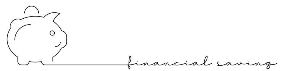 Piggy bank, financial saving one line icon with caption. Continuous line drawing style. Footer, header. Vector illustration isolated on white background.