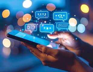 Closeup of hands holding a smartphone with digital chat icons