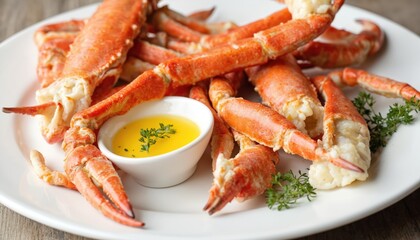 Delicious king crab legs served with melted butter, fresh herbs on white plate. Gourmet seafood dish offers luxurious culinary experience, perfect for fine dining special occasions. Enjoy tender