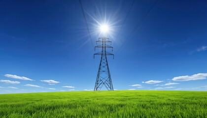 Power transmission tower stands tall in rich green field under bright sunny sky. This illustration highlights modern electricity infrastructure, renewable energy potential, and vastness of nature.