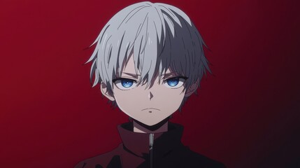 Intense anime boy stares intensely against a crimson backdrop.