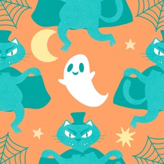 Halloween animals seamless cats pattern for wrapping paper