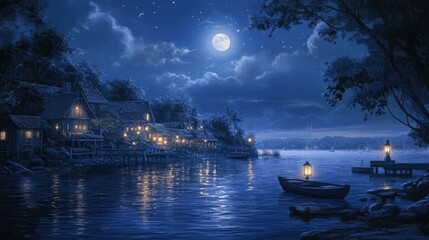 Moonlit village waterfront serenity peaceful nighttime scene