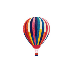 Naklejka premium Bright multicolor hot air balloon with textured segments in flat illustration style on transparent background for travel design, summer posters, and outdoor adventure visuals