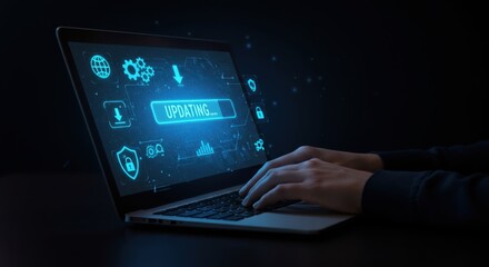 Modern laptop displaying futuristic digital interface with glowing icons and data visualization