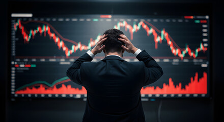 Stressed businessman viewing negative stock market trends on large screen; dramatic, dark mood; financial crisis concept.