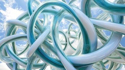 Abstract swirling translucent tubes against a partly cloudy sky
