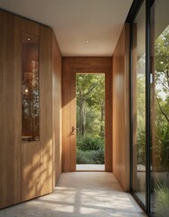 Obraz premium Modern home entrance with natural wood, glass elements. Sleek architectural design connects interior space with lush garden green plants. Inviting minimalist aesthetic offers warmth, light, serenity.