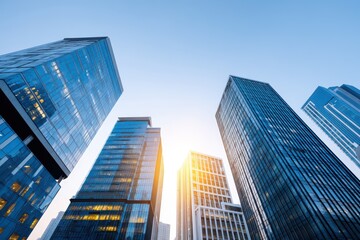 Modern Urban Skyscrapers Under Clear Blue Sky at Dusk