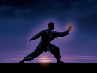 Silhouette of a martial artist practicing Tai Chi at sunset, showcasing graceful movements and balance against a vibrant sky, embodying tranquility and focus in a serene environment