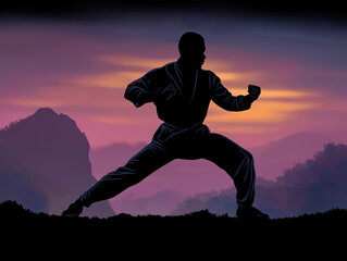 Silhouette of a martial artist in a dynamic pose against a vibrant sunset backdrop, showcasing strength and discipline in a serene mountainous landscape