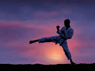 Martial artist performing a high kick in a dramatic sunset silhouette, showcasing strength and discipline against a colorful sky, embodying the spirit of martial arts