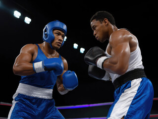Two male boxers in blue and white gear are engaged in an intense match inside a boxing ring, showcasing athleticism and competitive spirit under bright arena lights