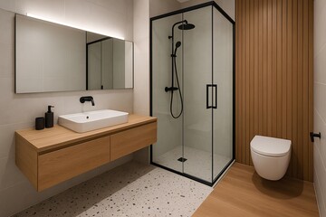 Modern bathroom with combined terrazzo and wood flooring, glass shower cabin, and large mirror