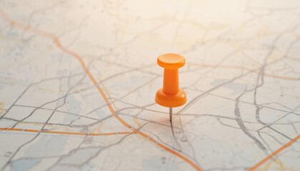 Orange pin marks specific location on minimalist map. Bright pointer on cartography grid indicates travel destination. Navigation graphic for route finding, travel planning, exploration.