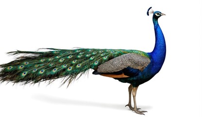 Fototapeta premium Majestic blue peacock stands proudly, vibrant green, blue plumage. Long train features iridescent eye spots. Isolated on clean white background, bird offers stunning close-up of beautiful feathers.