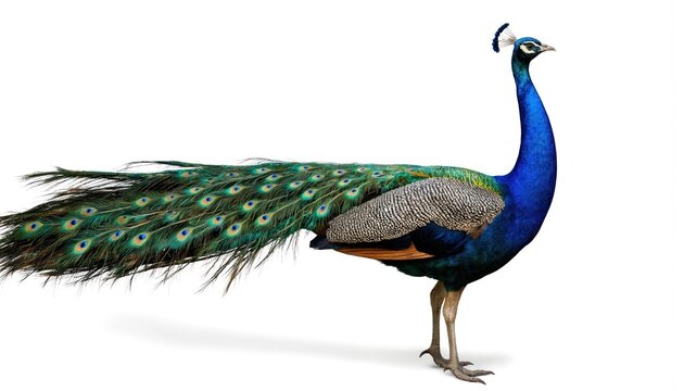Majestic blue peacock stands proudly, vibrant green, blue plumage. Long train features iridescent eye spots. Isolated on clean white background, bird offers stunning close-up of beautiful feathers. - Powered by Adobe