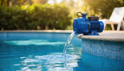 Naklejka premium Blue pool pump filters clear water into swimming pool. Modern appliance ensures clean fresh water for backyard recreation. Efficient system for home relaxation, summer vacation.