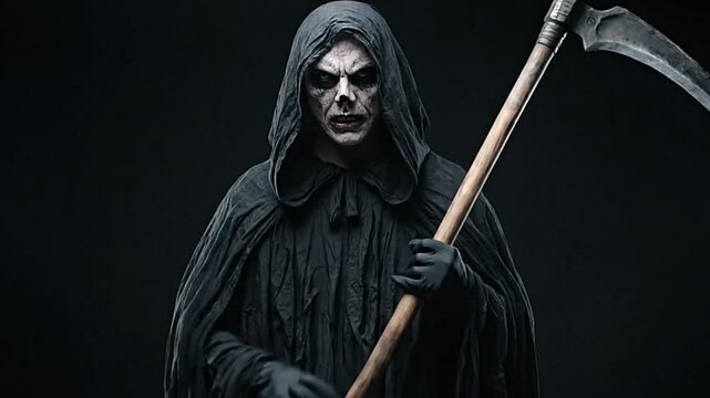 Grim Reaper cloaked figure with a skeletal face holding a scythe against a dark background