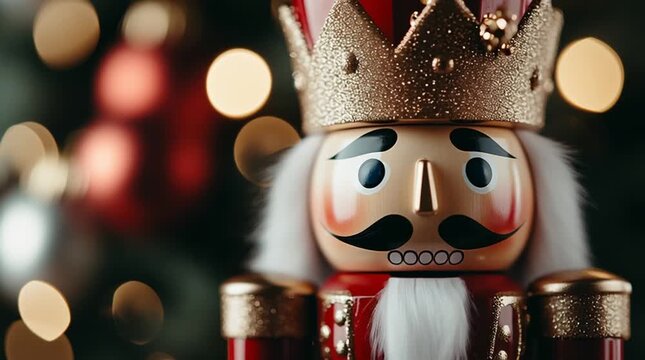 Traditional nutcracker soldier with intricate hand painted details and golden crown against festive bokeh christmas lights background
