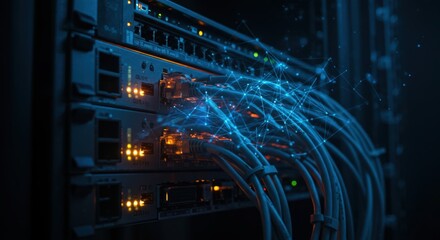 Illuminated network cables flowing through server racks with blinking lights creating a digital data stream