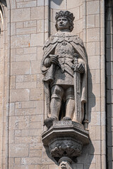 Old Town Hall of Gouda (Stadhuis van Gouda, 1448 - 1450), it is one of oldest Gothic city halls in the Netherlands. Architectural fragments of the facade. Gouda, the Netherlands.